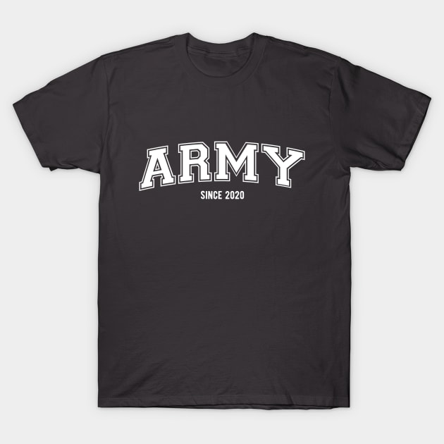 BTS Bangtan ARMY since 2020 varsity college text | Morcaworks T-Shirt by Oricca